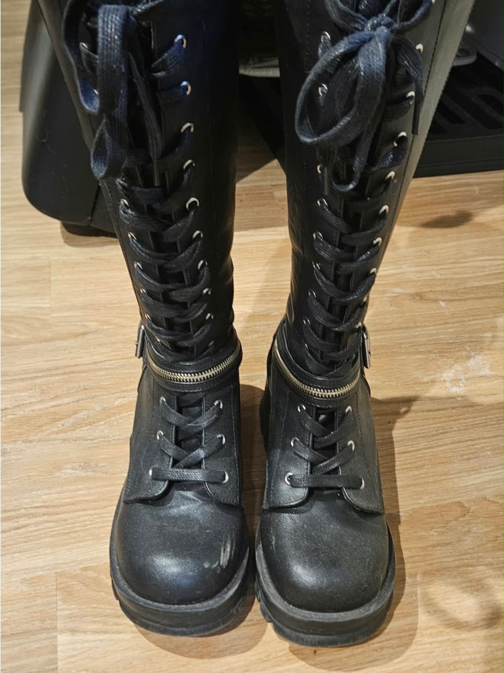 Black Lace-Up Knee-High Combat Boots